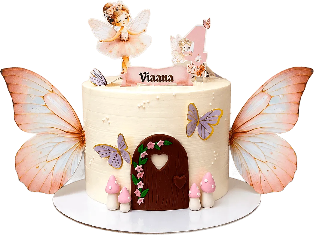 Fairy theme cake with butterfly wings and a little door